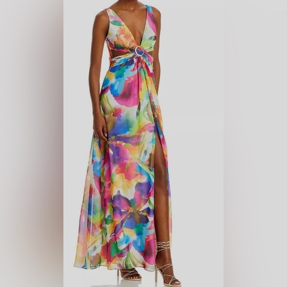 Liv Foster Floral Satin Maxi Dress | RTR | Brass Ring Cutout | Size 8 - Picture 2 of 4